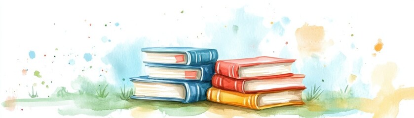 Watercolor illustration of stacked books on grass with colorful splashes in the background.