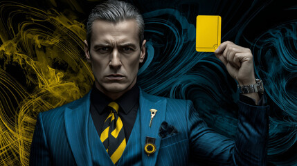 yellow card warning business concept pop art retro vector. The football symbol. The referee on the field