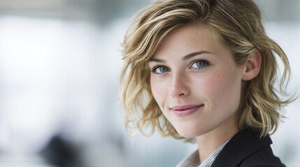 Confident young businesswoman in a modern office, exuding professionalism and focus.