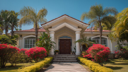 Luxury house entrance under a clear blue sky, showcasing elegance and tranquility in a serene outdoor setting.