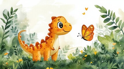 A cute orange dinosaur smiles at a butterfly in a lush, green, watercolor forest.