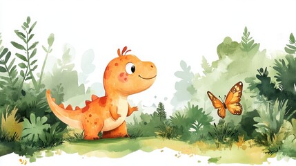 A cute orange dinosaur smiles at a butterfly in a lush, green forest with watercolor foliage.