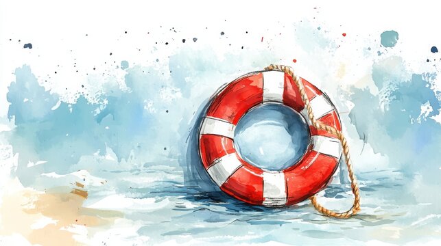 A watercolor painting of a red and white lifebuoy with a rope, set against a blue watery background.