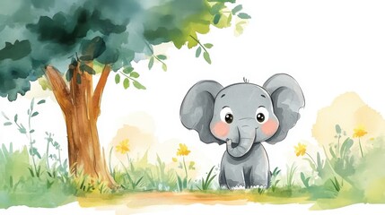 A cute cartoon elephant stands beside a tree in a colorful, grassy landscape with yellow flowers.