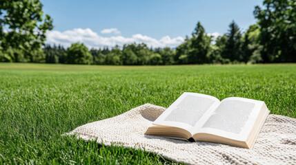 Fototapeta premium Book lies open on blanket in sunny meadow, surrounded by lush green grass and trees