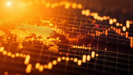 Digital world map with glowing financial chart and candlestick graph showing market trends and global stock market data analysis - Powered by Adobe