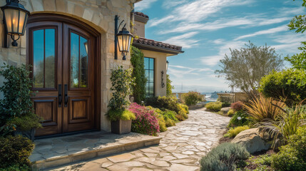 Luxury house entrance under a clear blue sky, showcasing elegance and tranquility in a serene outdoor setting.