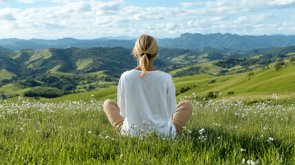 Serene woman meditating in lush green valley, surrounded by mountains and flowers