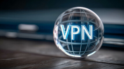 Illuminated globe icon with VPN text on wooden surface, symbolizing online security and privacy in digital environments