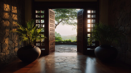 Luxury house entrance under a clear blue sky, showcasing elegance and tranquility in a serene outdoor setting.