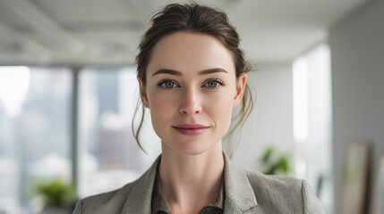 Confident young businesswoman in a modern office, exuding professionalism and focus.
