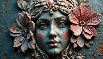 Obraz premium Intricate floral pattern etched into a stone surface, resembling a face, shape, rock