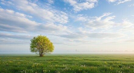 AI-Generated of Solitary Blooming Tree in Spring Meadow with Wildflowers and Vast Negative Space