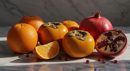 Winter composition with oranges, persimmons, and pomegranate on a marble surface, bright side light, clean colors, texture-focused.