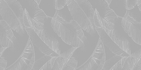 Monochrome botanical pattern featuring overlapping banana leaves with fine linear detailing on a rough background.