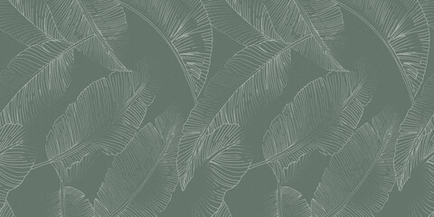 Monochrome botanical pattern featuring overlapping banana leaves with fine linear detailing on a rough background.
