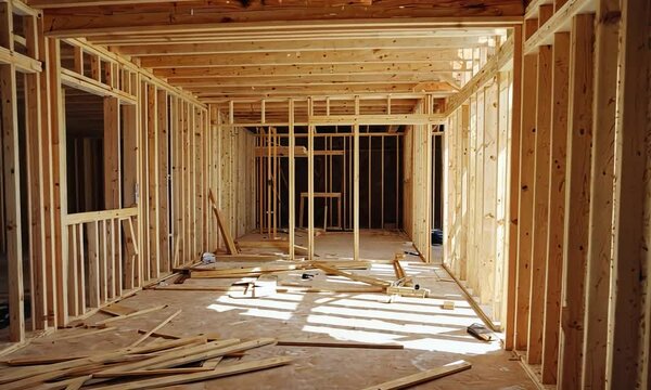 Interior view of a wooden-framed construction site showing unfinished walls and scattered materials