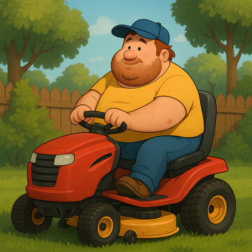 Large man sitting on a ride on lawn mower