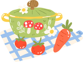 Cooking Pot Illustration, Cozy Kitchen Clipart, Rustic Culinary Art