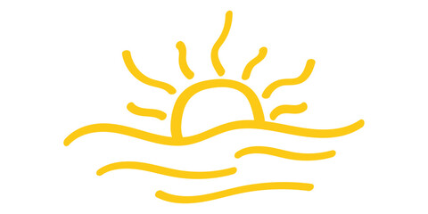A minimalist illustration depicts a yellow sun setting over wavy ocean lines. Simple, childlike drawing style, symbolizing summer, beach, and warmth.