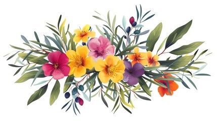 Obraz premium Colorful floral arrangement featuring various flowers, green leaves, and berries against a white background.