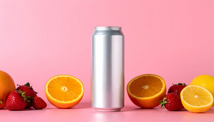 Fototapeta premium Silver Aluminum Can with Fresh Citrus Fruits and Strawberries on Pink Background