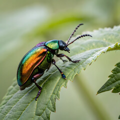 Naklejka premium Macro View of Iridescent Beetle on Green Leaf