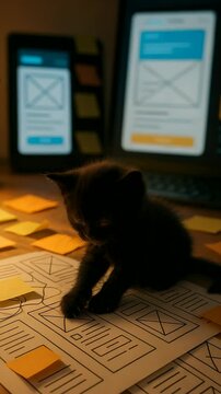 A black kitten explores UX design wireframes on a desk with sticky notes, highlighting creativity and technology