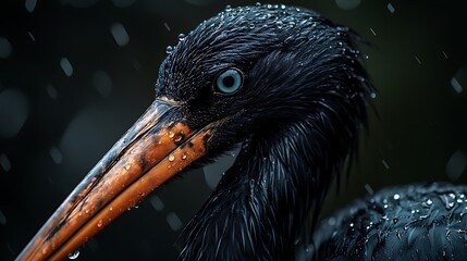 Beautiful black stork perched gracefully with bright red beak and wet glossy feathers image