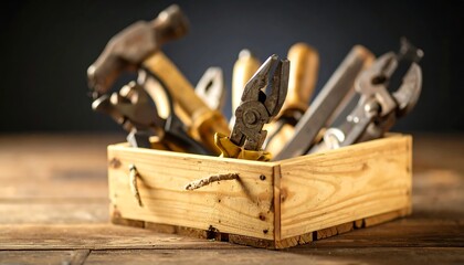Rustic wooden toolbox overflowing with aged hand tools resting on a weathered wooden surface.