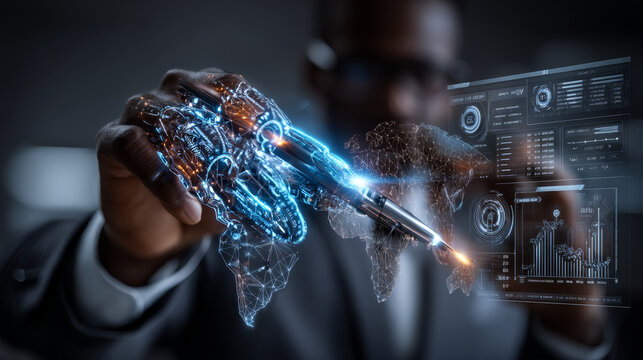 Businessman draw automation concepts of processes and analyzing automated and system data. Global network automation. Strategic management, predictive planning and forecasting on blue background.