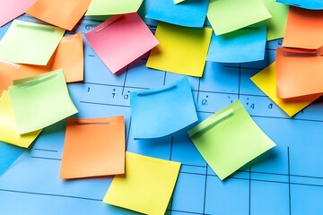 Colorful sticky notes scattered on a blue planning board, symbolizing organization and task management