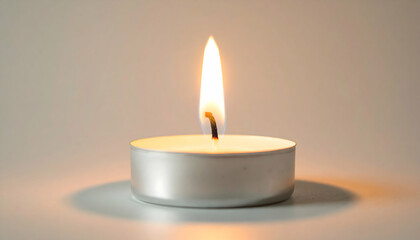 Single Lit Tealight Candle on White Background