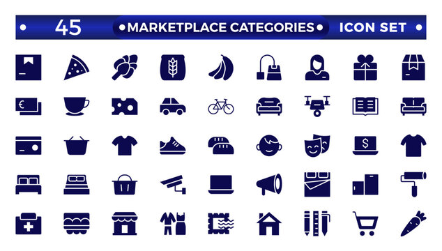 Marketplace Categories solid icons collection. Vector illustration in modern thin line style of e-commerce related icons: household goods, electronics and household appliances, clothing, and more.