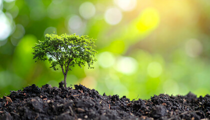 Small Green Tree Sapling Growing in Dark Soil with Bright Sunlight Background