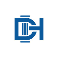 The image shows a flat monogram logo design of an initial letter DH with a pillar in blue color that looks clean and sharp on a white color for law and justice related purposes