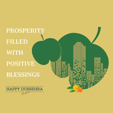Happy Dussehra text with an apta leaves in urban skyline city scape Vijayadashami illustration for Indian festival Dussehra Vector