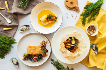 Seafood gourmet plate set featuring three fine dishes: center — halibut served in saffron sauce with vegetable garnish; bottom — salmon fillet with tartar, mussels, and mousse presented with geometric