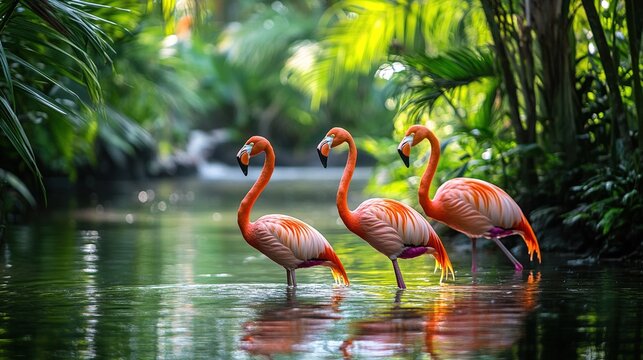 Three vibrant pink flamingos wade in a tranquil, lush green tropical stream, their reflections mirrored in the calm water, surrounded by dense foliage