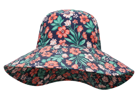 A large floppy summer hat with floral pattern fabric, high-resolution texture details, evenly lit studio shot, front view, isolated on a transparent background.