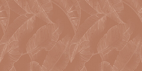 Monochrome botanical pattern featuring overlapping banana leaves with fine linear detailing on a rough background.