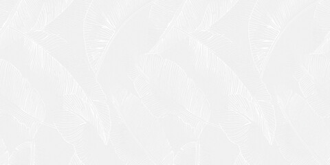 Monochrome botanical pattern featuring overlapping banana leaves with fine linear detailing on a rough background.