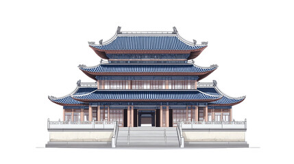 Ancient Chinese palace with multiple floors and symmetrical design on white background.
