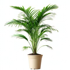 Fototapeta premium Tropical indoor palm tree in planter showing healthy green foliage and soil against clean white studio backdrop