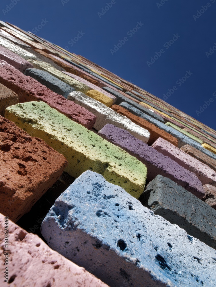 Poster Colorful Decorative Brick Samples Arranged in Diagonal Rows With a Clear Sky Above Showcasing Vibrant Hues and Textures