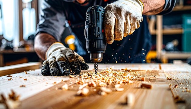 A gloved craftsman drills into wood creating wood shavings in a workshop setting with precision.