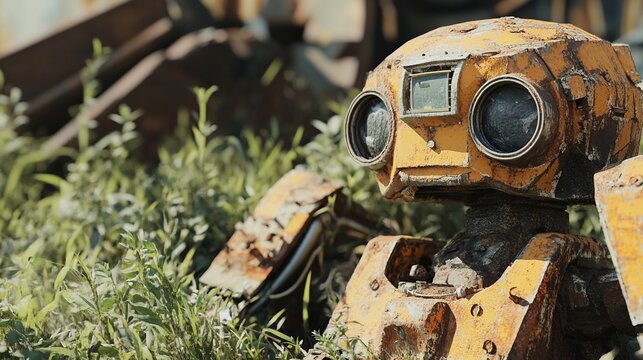 Weathered yellow robot, partially obscured by overgrown vegetation, sits amidst rusty metal debris; suggesting abandonment or post-apocalyptic setting.  a small rectangular panel