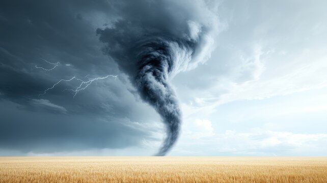 Powerful Tornado Over Golden Wheat Field with Stormy Sky and Lightning tornado lightning sky field