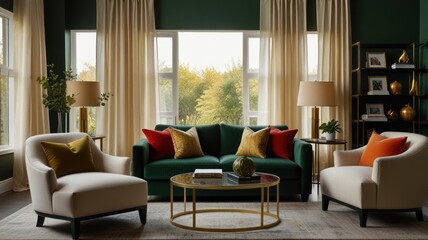 Fototapeta premium Living room with green walls, cream armchairs, and a velvet sofa