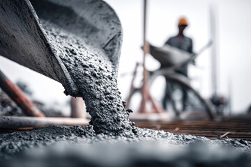 Cement pouring at construction site with worker transporting concrete in wheelbarrow